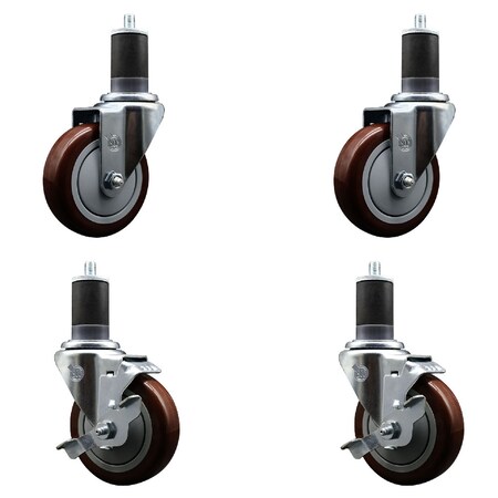 Service Caster 4'' SS Maroon Poly Wheel Swivel 1-5/8'' Expanding Stem Caster Set 2 Brakes, 4PK SCC-SSEX20S414-PPUB-MRN-2-TLB-2-158